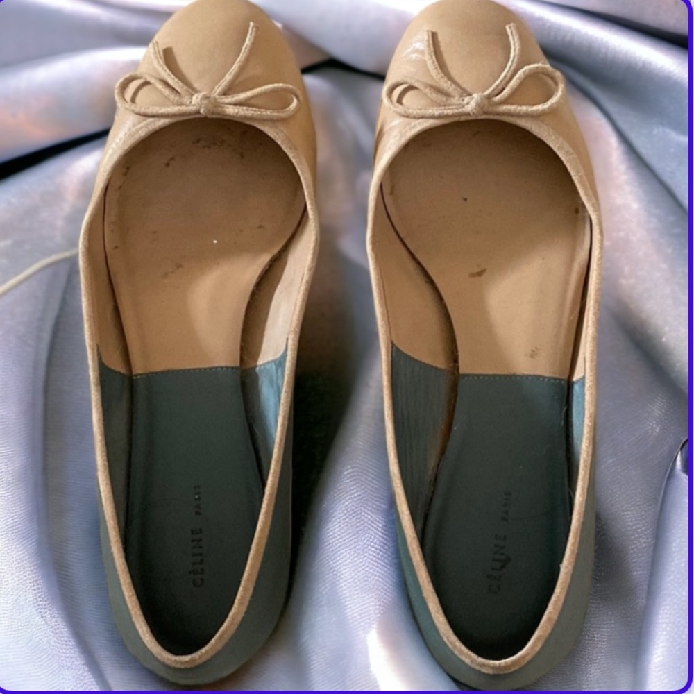 Celine Leather Ballet Flats Green  Tan 39 - Picture 3 of 4